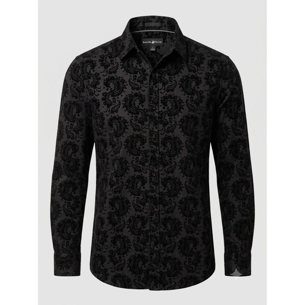 Beverly Hills Polo Club Size Large Black Velvet Flocked Paisley Button Down